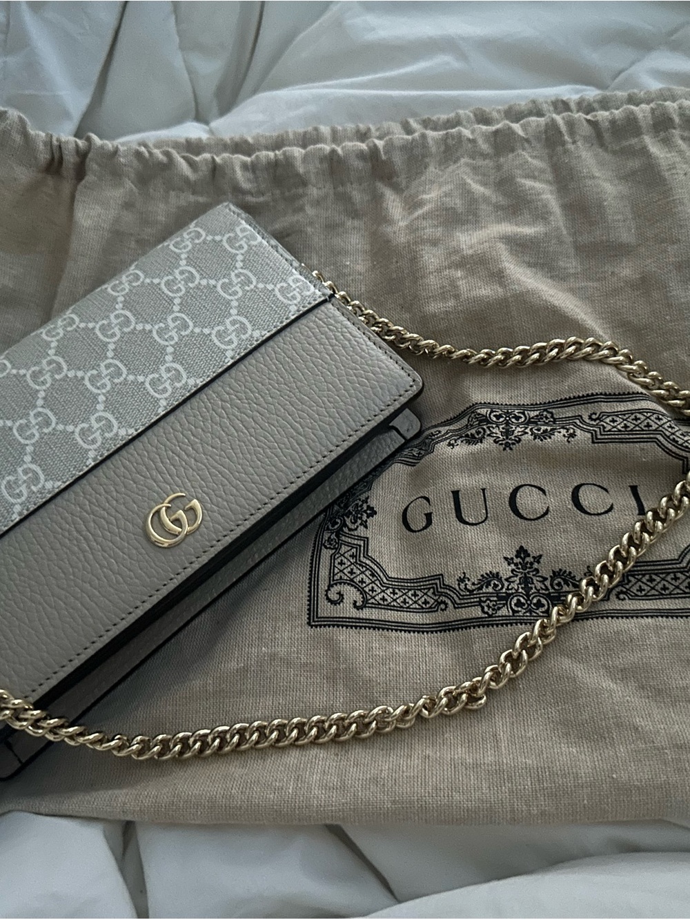 Gucci Gray GG Canvas & Pebbled Leather Chain Wallet